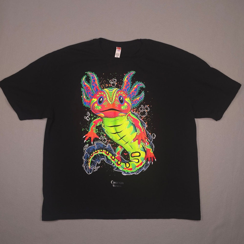 Euro Cotton Cancun Mexico Axolotl Graphic T-Shirt Black XXL Neon Psychedelic